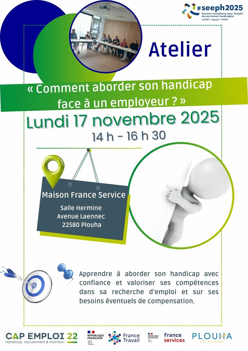 Atelier : comment aborder son handicap face à un employeur lundi 17 novembre de 14h à 16h30 sur inscription