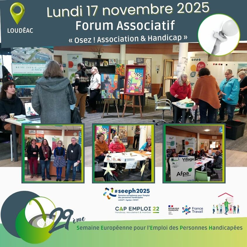 Retour en image du forum de Loudéac, vu des stands avec des photos de partenaires